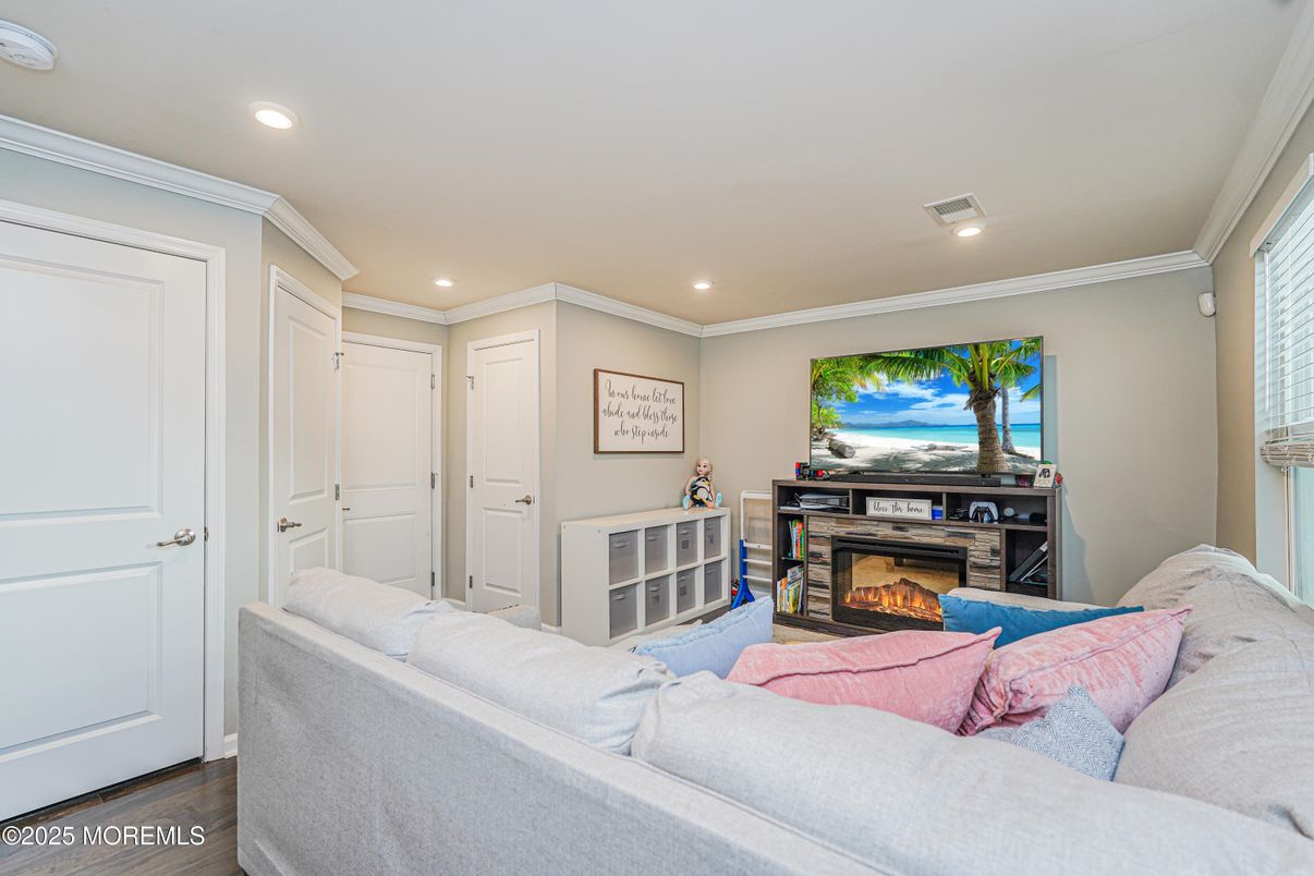 Fireplace, Interior, Living room, Recessed Lighting, Wood Texture Flooring