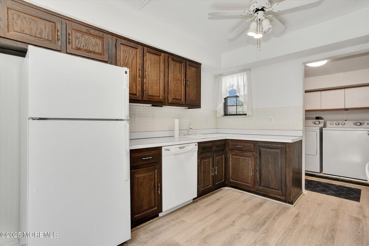 Interior, Kitchen, Tile Countertops, Wood Texture Flooring