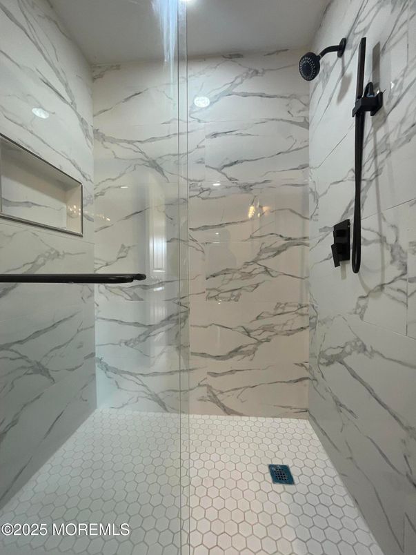 Bathroom, Glass Shower, Interior, Marble Walls, Recessed Lighting