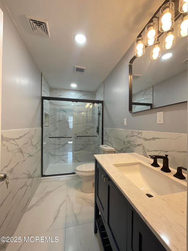 Bathroom, Glass Shower, Interior, Marble, Marble Walls, Recessed Lighting