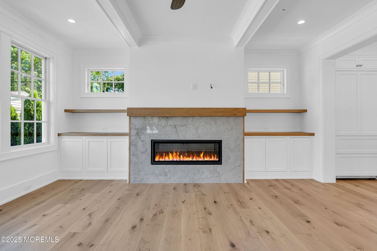Empty room, Fireplace, Interior, Recessed Lighting, Wood Texture Flooring