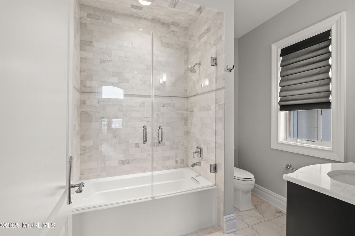 Bathroom, Glass Shower, Interior, Marble, Marble Walls, Recessed Lighting
