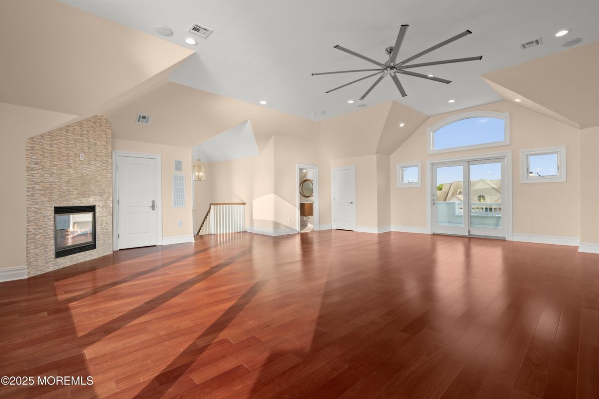 Empty room, Fireplace, Interior, Recessed Lighting, Wood Texture Flooring