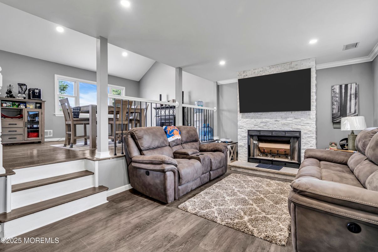 Fireplace, Interior, Living room, Recessed Lighting, Wood Texture Flooring