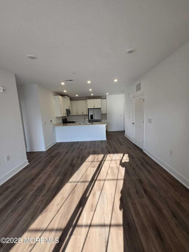 Empty room, Interior, Kitchen, Recessed Lighting, Wood Texture Flooring
