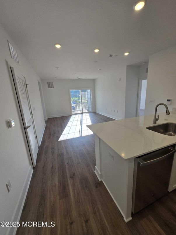 Empty room, Interior, Kitchen, Recessed Lighting, Wood Texture Flooring