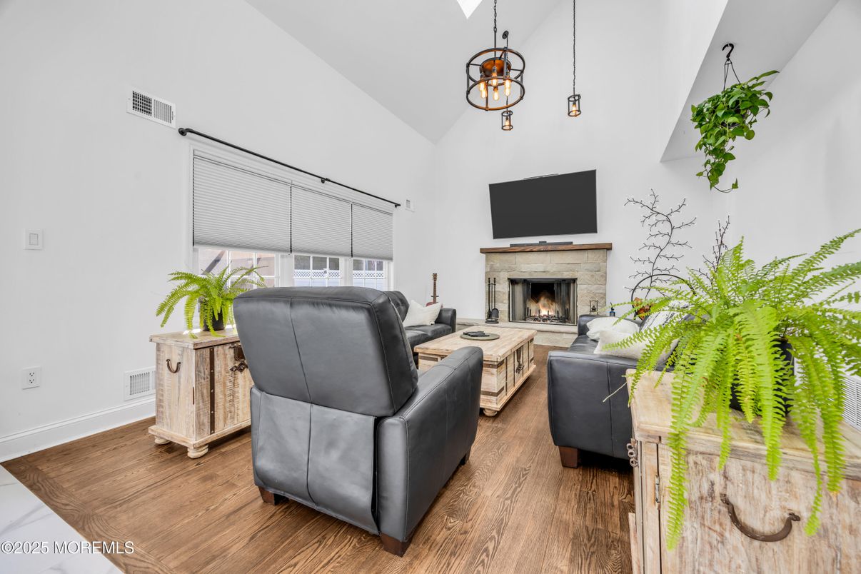 Fireplace, Interior, Living room, Pendant Lights, Wood Texture Flooring