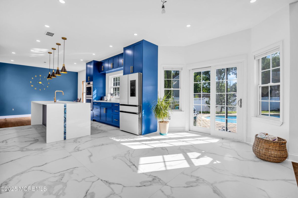 Interior, Kitchen, Marble, Pendant Lights, Recessed Lighting, Stainless Steel Appliances