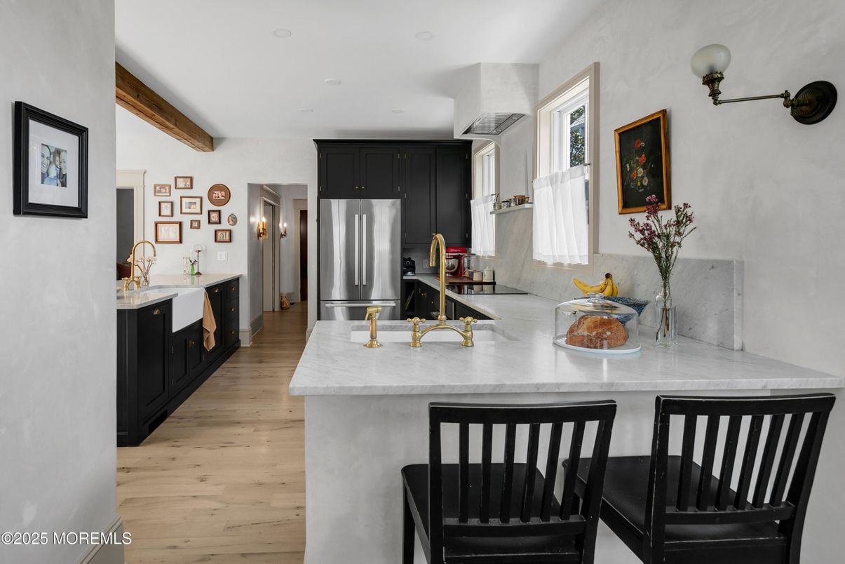 Interior, Kitchen, Recessed Lighting, Stainless Steel Appliances, Wooden Beams, Wood Texture Flooring