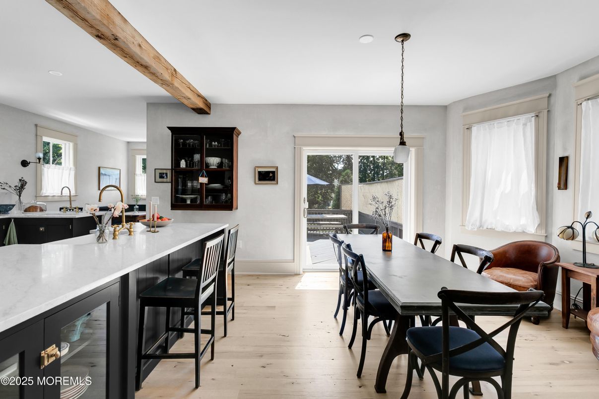 Dining room, Interior, Kitchen, Pendant Lights, Wooden Beams, Wood Texture Flooring