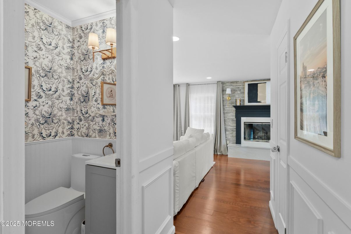 Bathroom, Fireplace, Interior, Recessed Lighting, Wood Texture Flooring