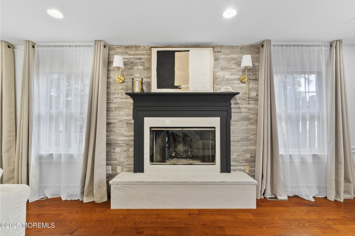 Fireplace, Interior, Recessed Lighting, Stone Walls, Wood Texture Flooring