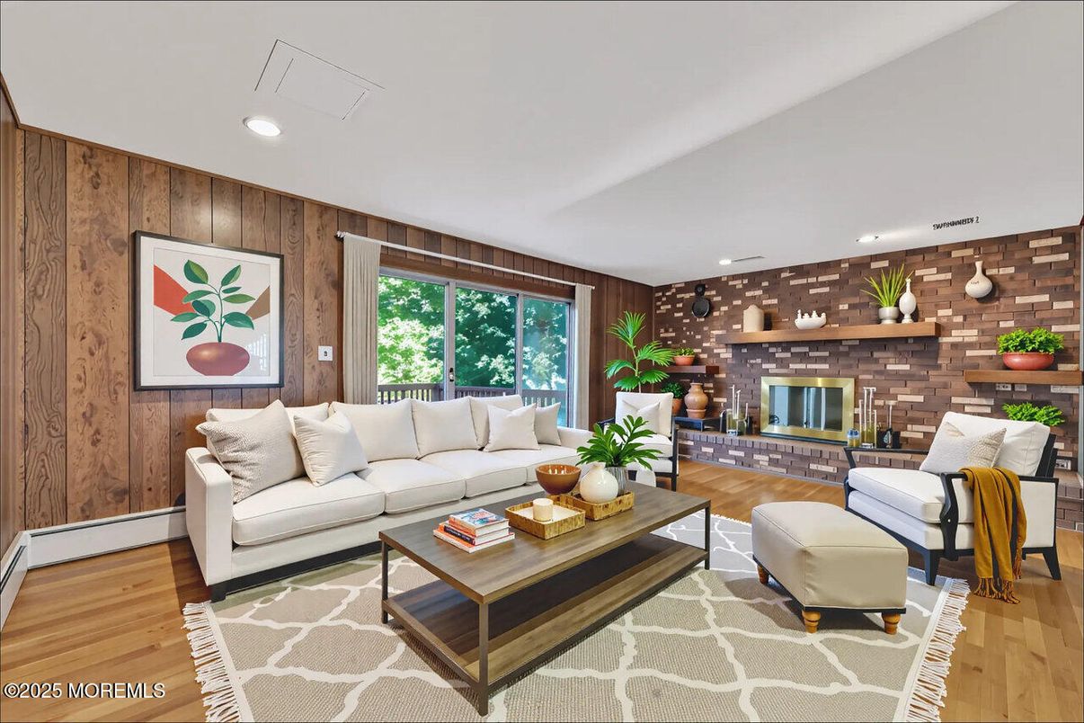 Interior, Living room, Recessed Lighting, Stone Walls, Wood Texture Flooring, Wooden Walls