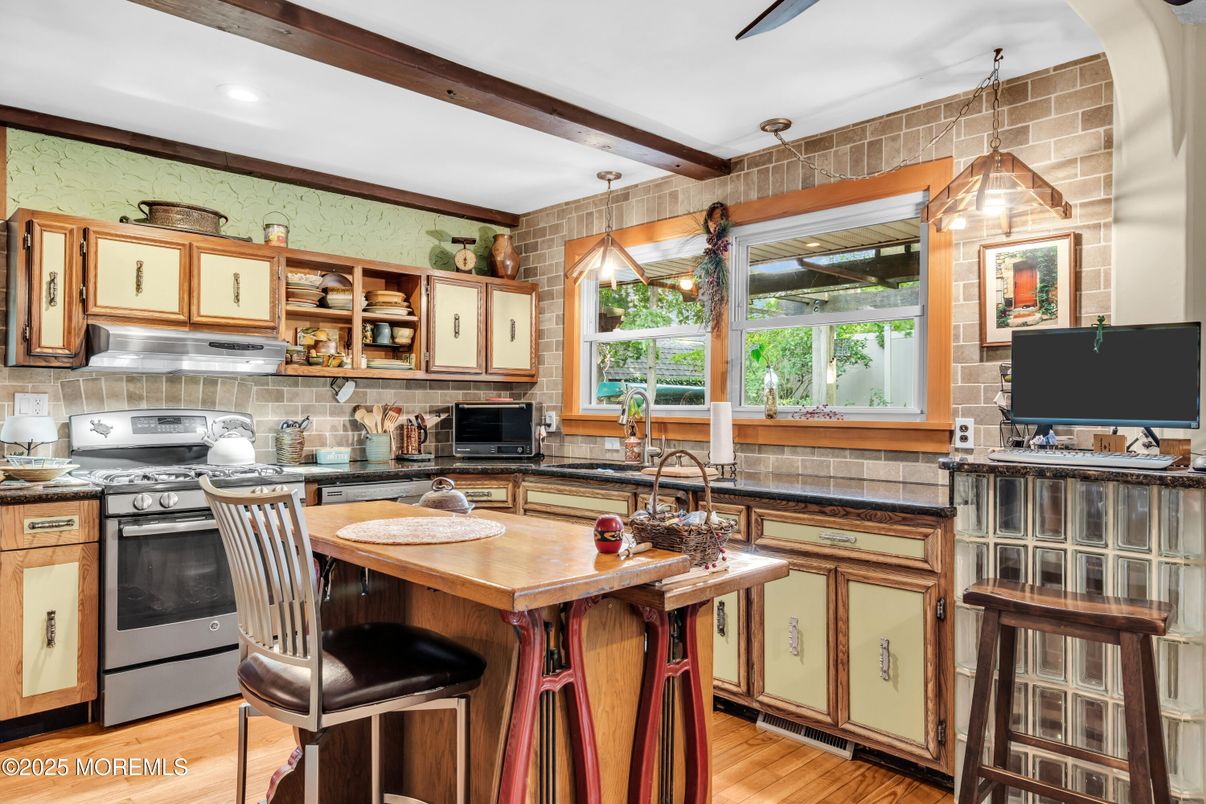 Interior, Kitchen, Pendant Lights, Recessed Lighting, Stainless Steel Appliances, Stone Walls, Wooden Beams, Wood Texture Flooring