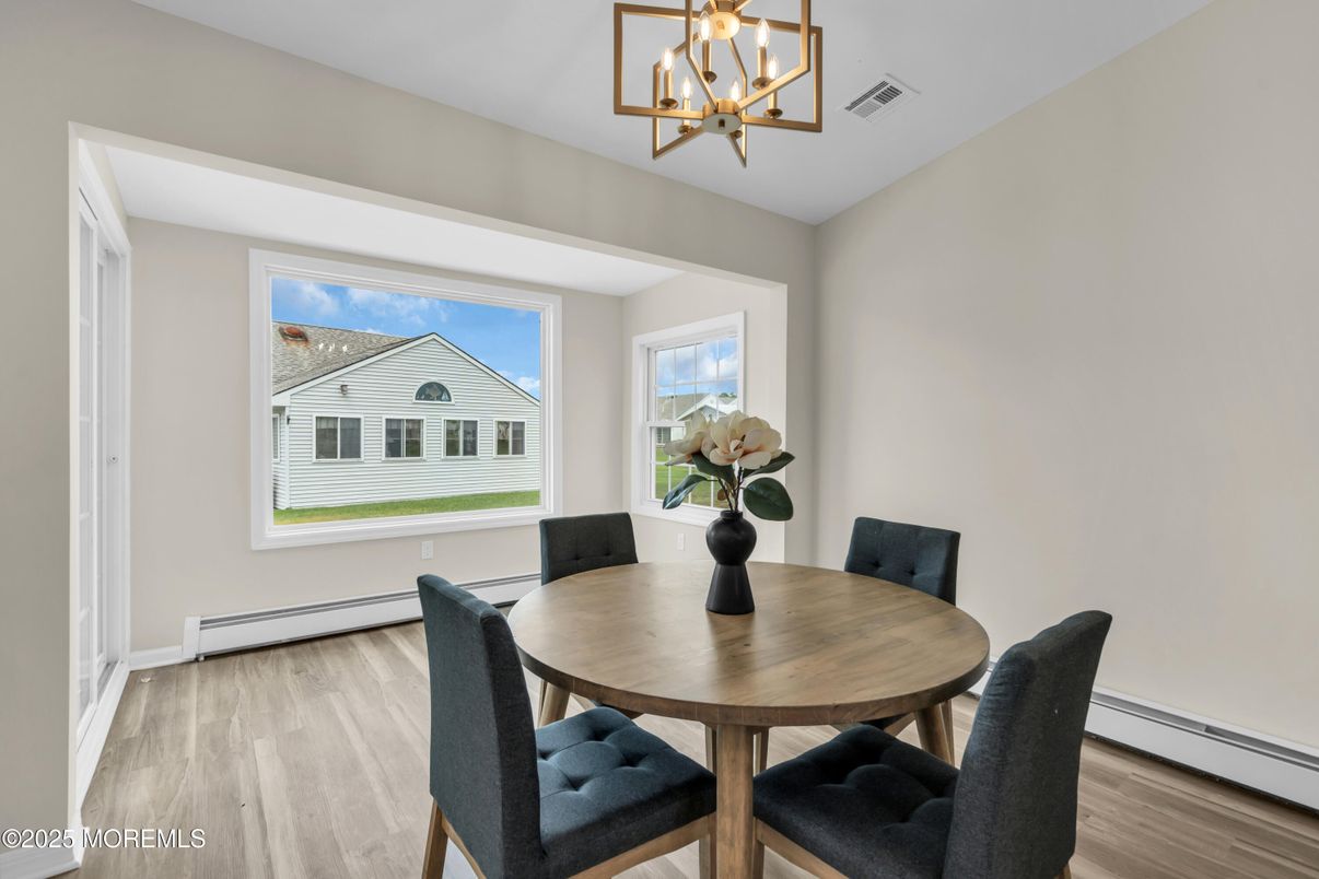 Dining room, Interior, Pendant Lights, Wood Texture Flooring