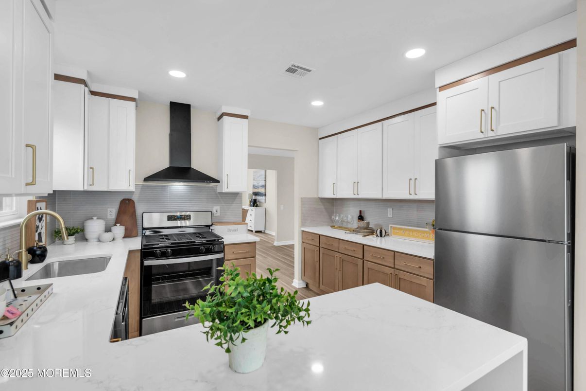 Interior, Kitchen, Recessed Lighting, Stainless Steel Appliances, Wood Texture Flooring