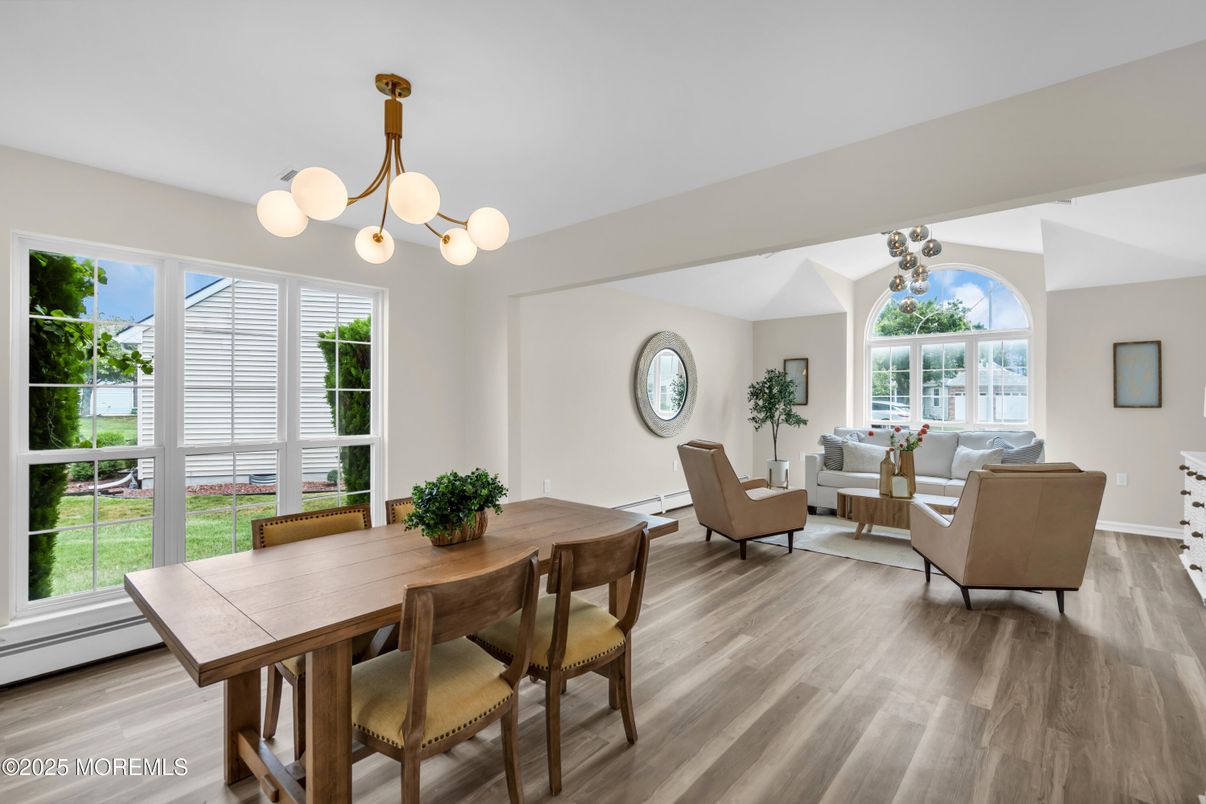 Dining room, Interior, Living room, Pendant Lights, Wood Texture Flooring