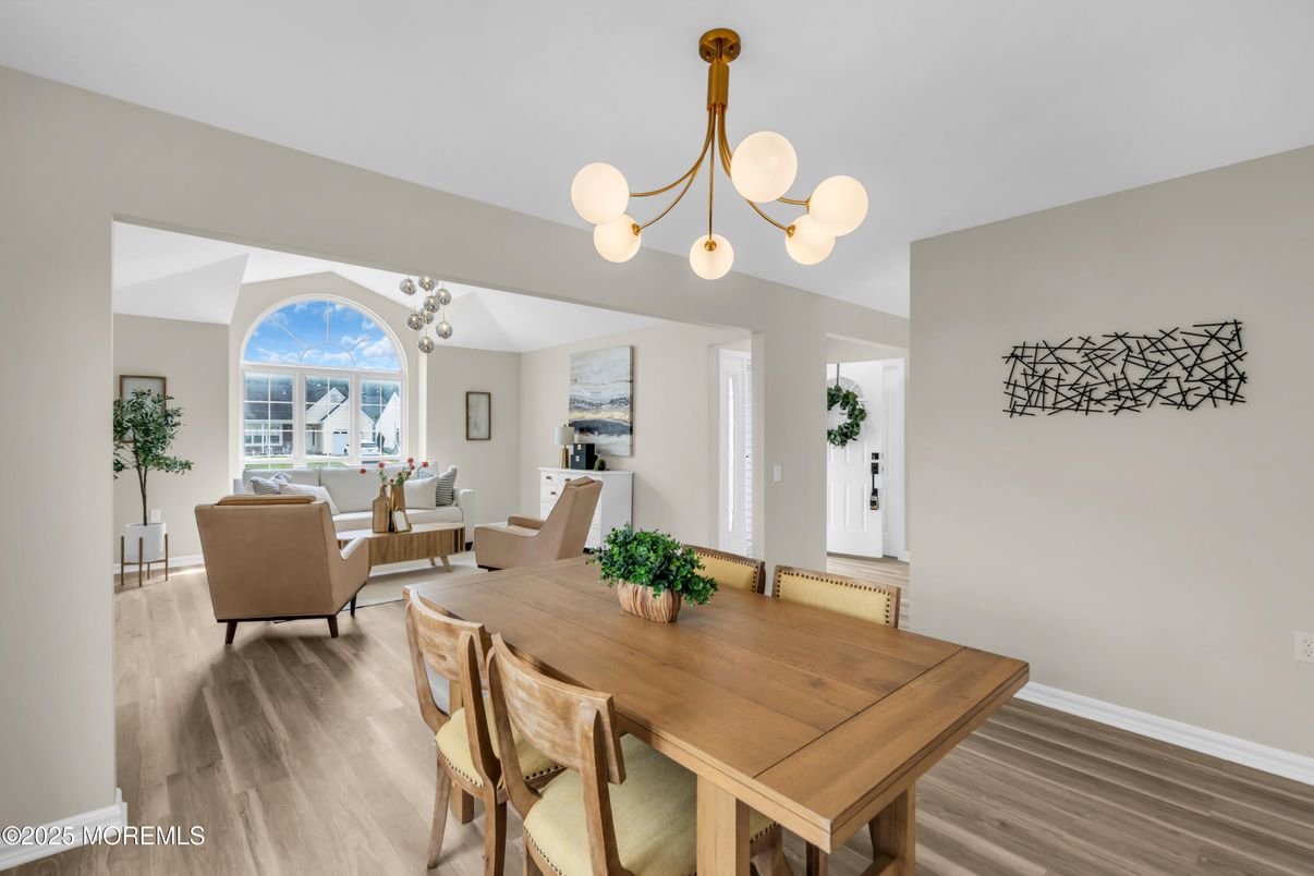 Dining room, Interior, Living room, Pendant Lights, Wood Texture Flooring
