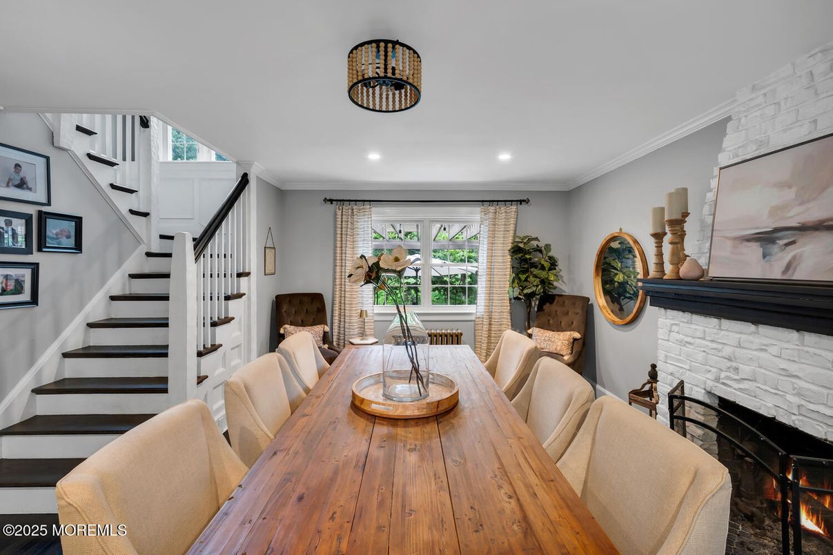 Dining room, Fireplace, Interior, Recessed Lighting, Stone Walls