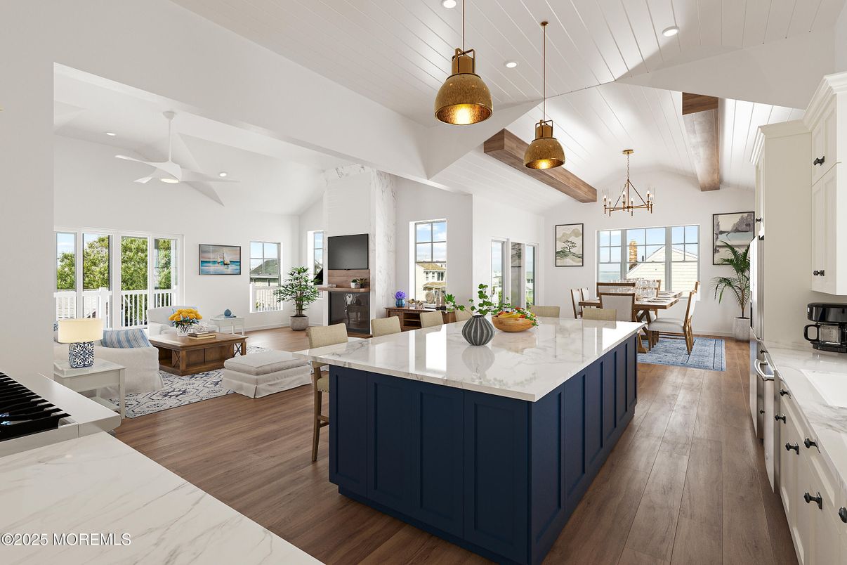 Chandelier, Dining room, Interior, Kitchen, Living room, Pendant Lights, Recessed Lighting, Wood Texture Flooring