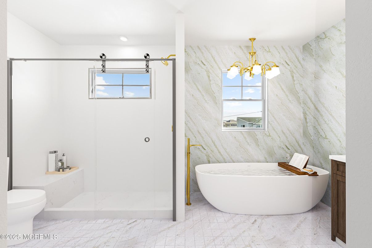 Bathroom, Chandelier, Free Standing Baths, Glass Shower, Interior, Marble, Marble Walls