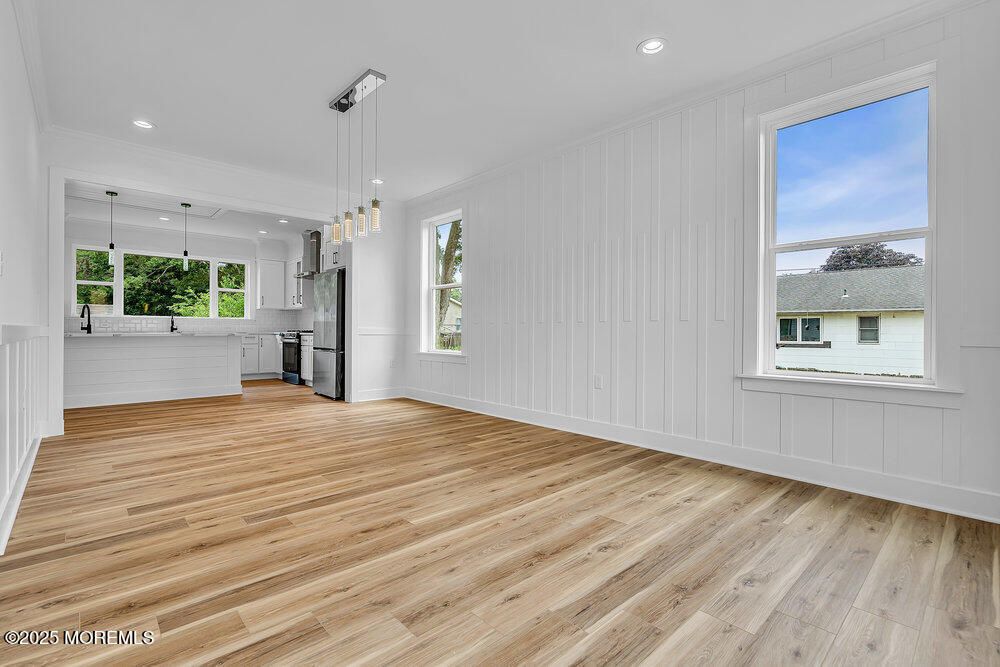 Empty room, Interior, Kitchen, Pendant Lights, Recessed Lighting, Wood Texture Flooring