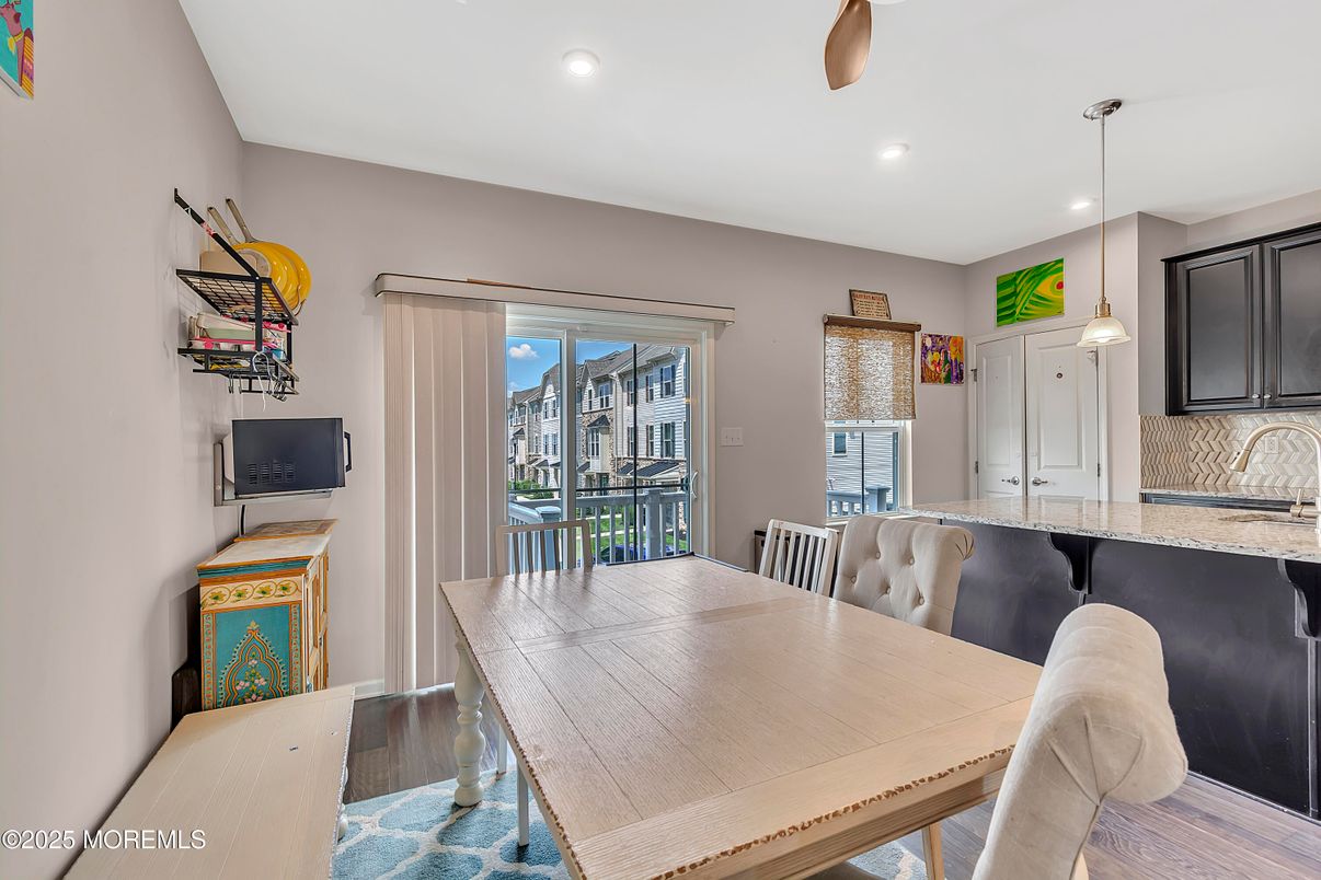 Dining room, Interior, Pendant Lights, Recessed Lighting, Wood Texture Flooring