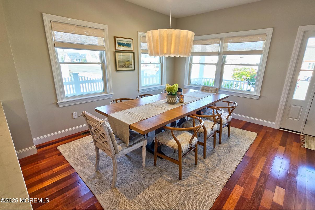 Dining room, Interior, Pendant Lights, Wood Texture Flooring