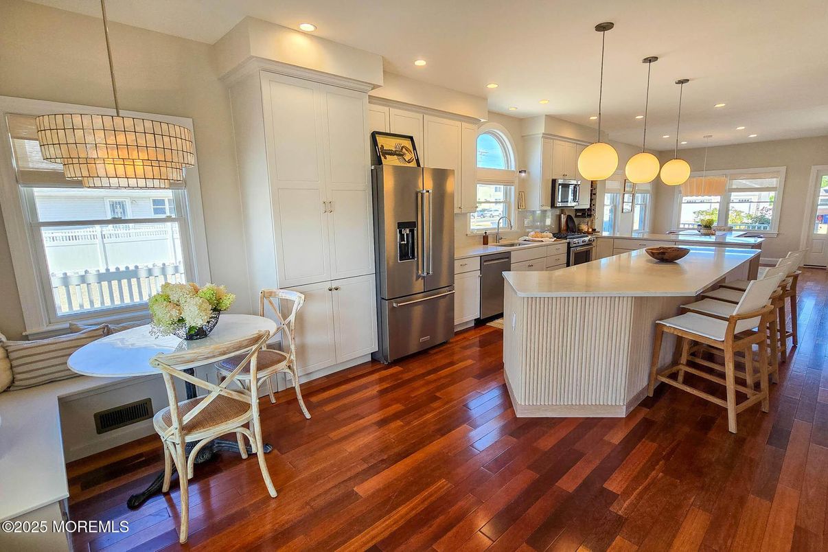 Interior, Kitchen, Pendant Lights, Recessed Lighting, Stainless Steel Appliances, Wood Texture Flooring