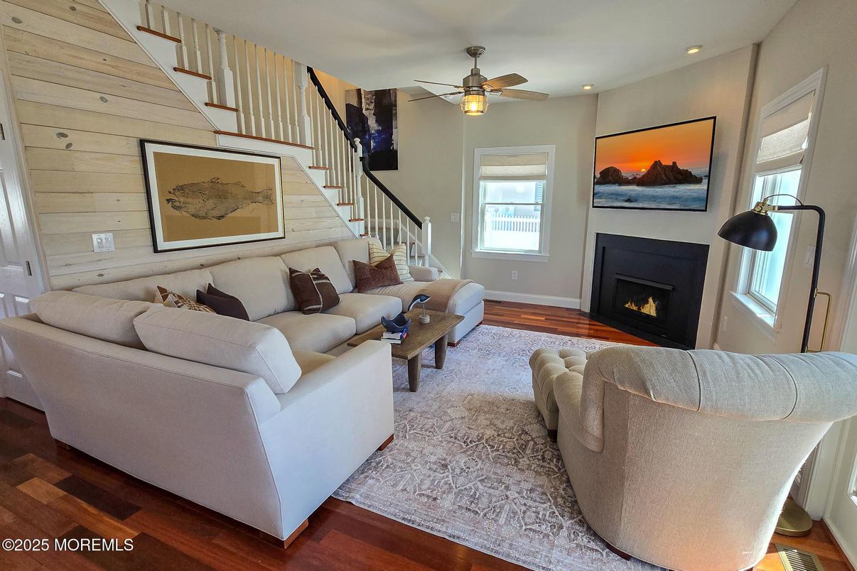 Fireplace, Interior, Living room, Recessed Lighting, Wood Texture Flooring