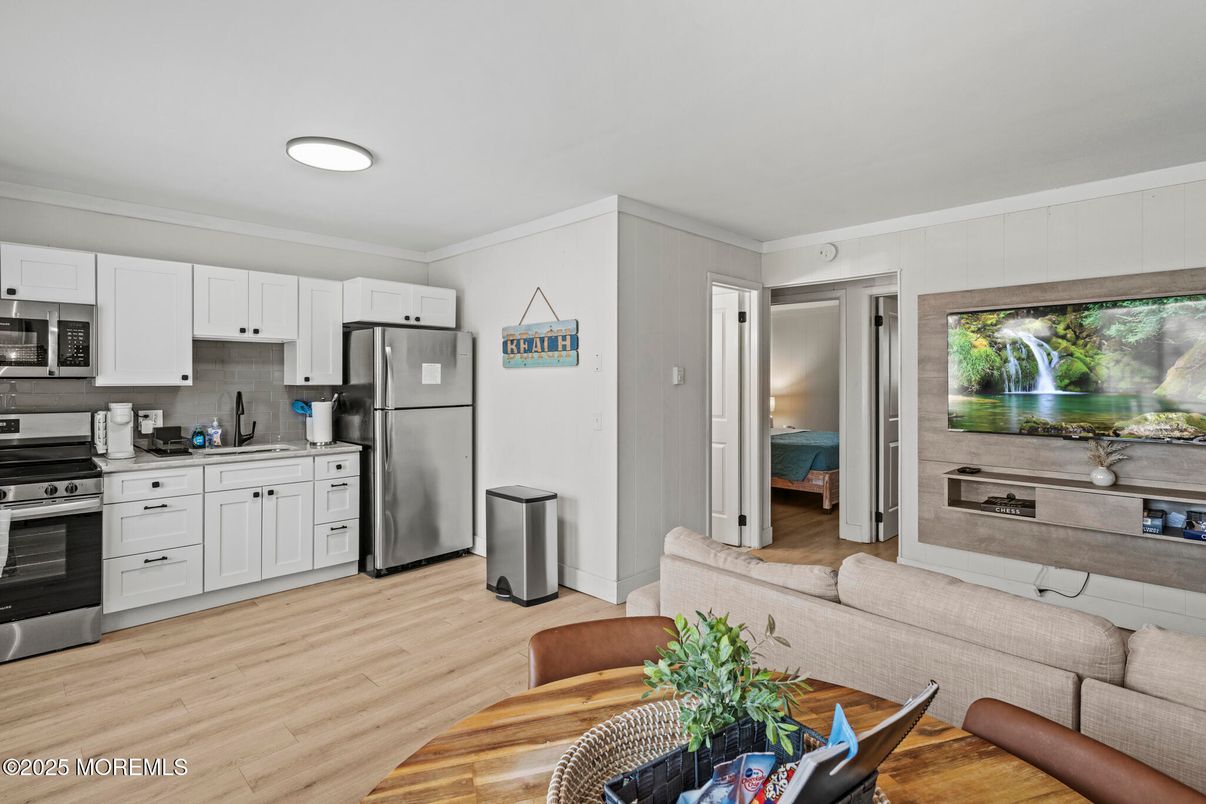Interior, Kitchen, Living room, Recessed Lighting, Stainless Steel Appliances, Wood Texture Flooring