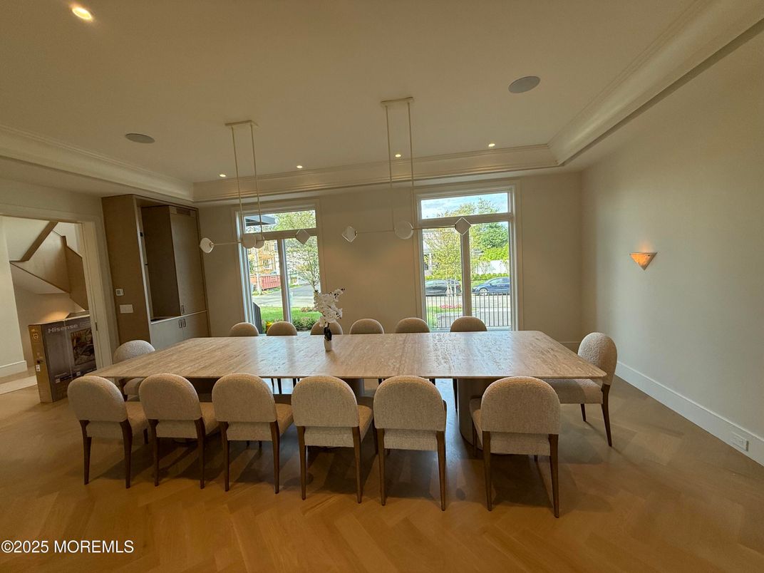 Dining room, Interior, Pendant Lights, Recessed Lighting, Wood Texture Flooring