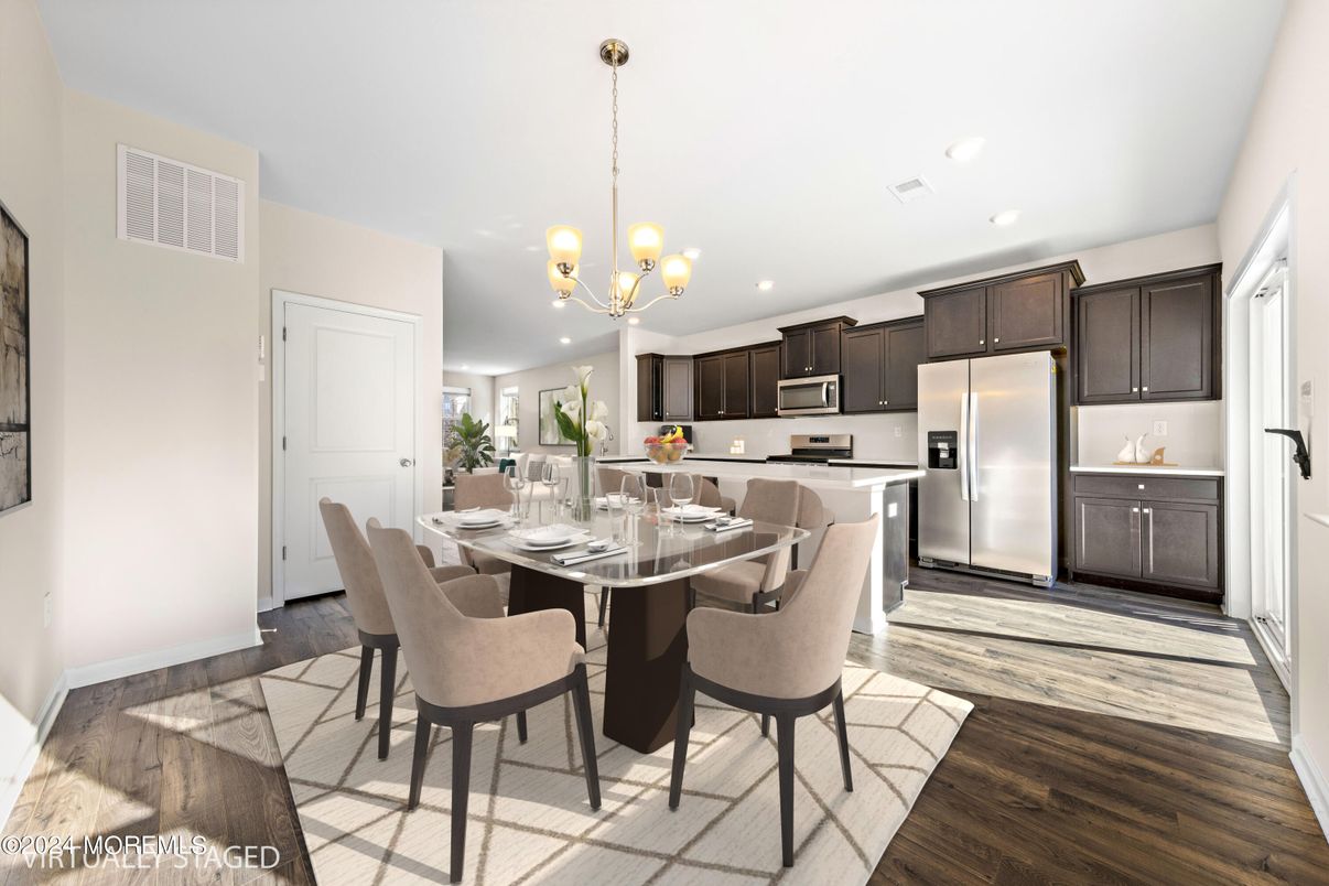 Chandelier, Dining room, Interior, Kitchen, Recessed Lighting, Stainless Steel Appliances, Wood Texture Flooring