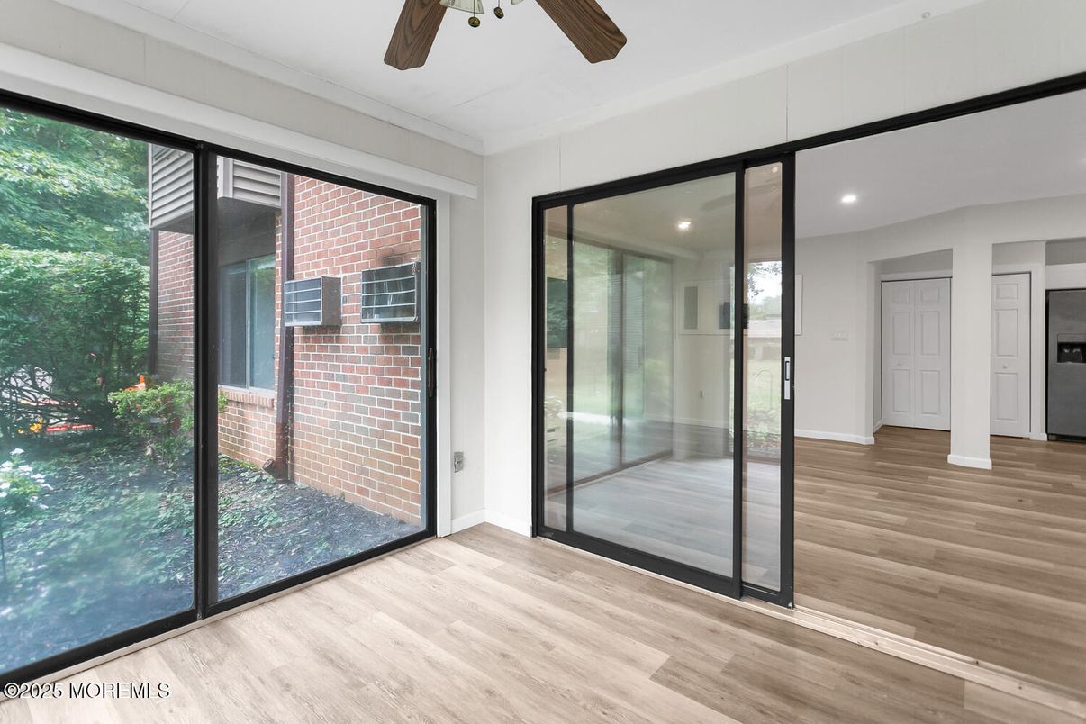Empty room, Interior, Recessed Lighting, Stone Walls, Wood Texture Flooring