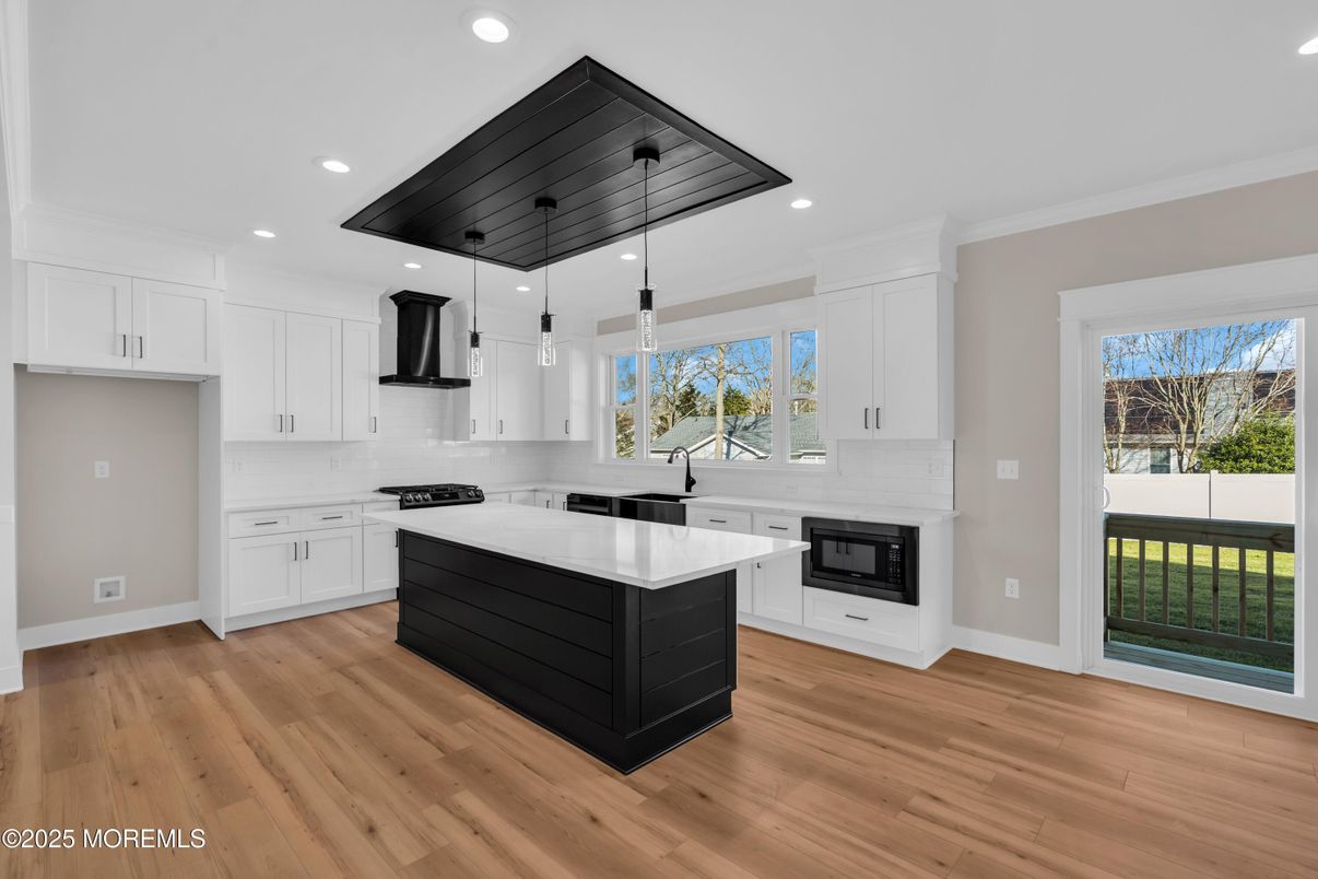 Interior, Kitchen, Pendant Lights, Recessed Lighting, Stainless Steel Appliances, Wooden Ceilings, Wood Texture Flooring