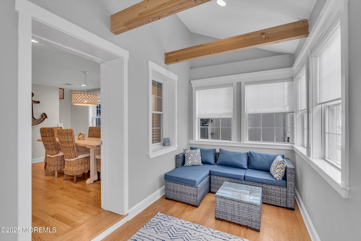 Dining room, Interior, Living room, Pendant Lights, Recessed Lighting, Wooden Beams, Wood Texture Flooring