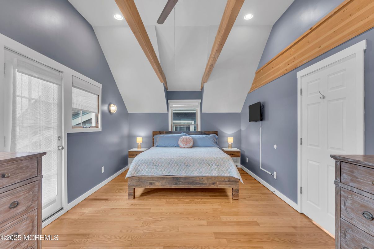 Bedroom, Interior, Recessed Lighting, Wooden Beams, Wood Texture Flooring