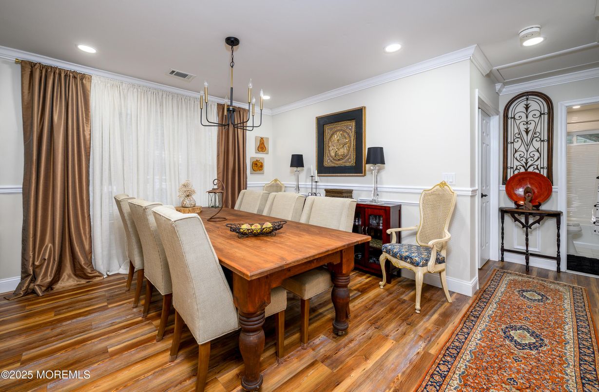 Dining room, Interior, Pendant Lights, Recessed Lighting, Wood Texture Flooring