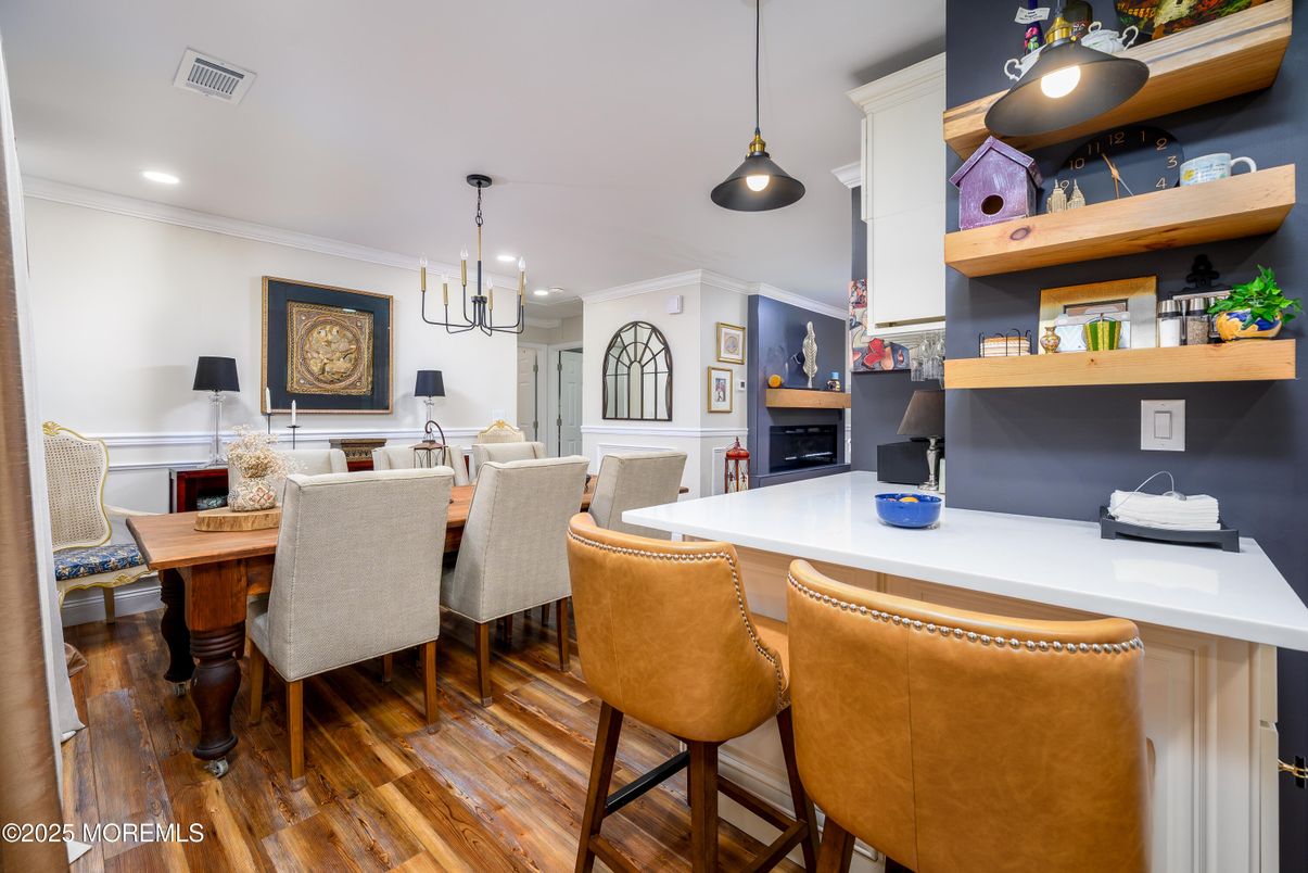 Dining room, Interior, Pendant Lights, Recessed Lighting, Wood Texture Flooring