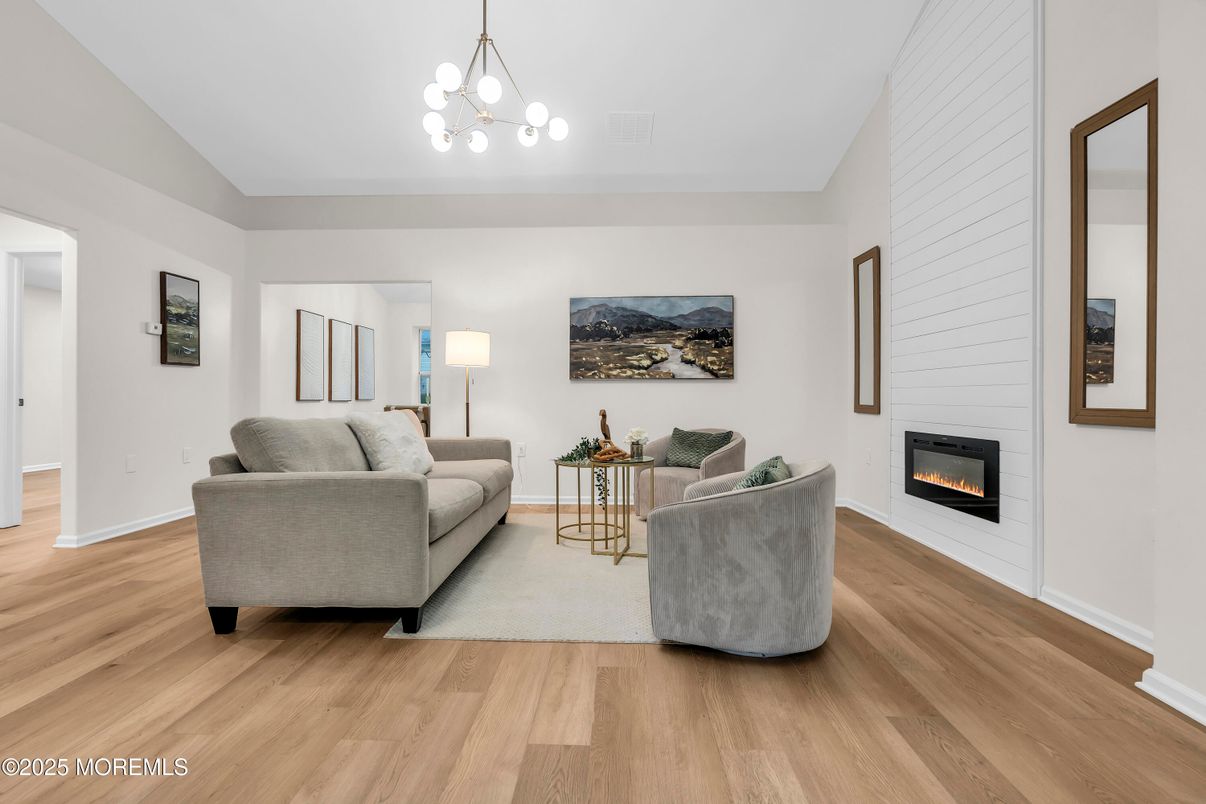 Fireplace, Interior, Living room, Pendant Lights, Wood Texture Flooring