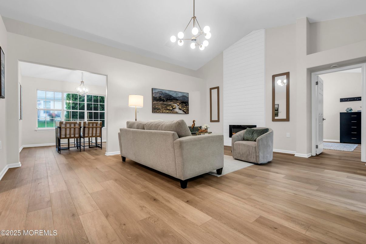 Dining room, Interior, Living room, Pendant Lights, Wood Texture Flooring
