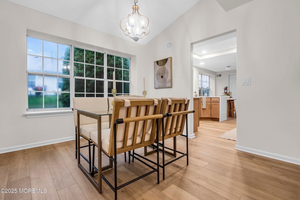 Dining room, Interior, Pendant Lights, Recessed Lighting, Wood Texture Flooring