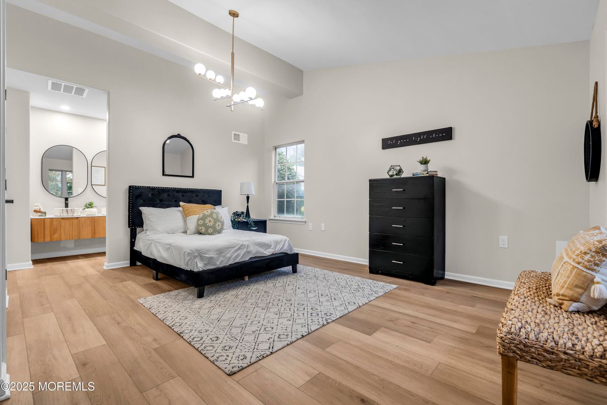 Bedroom, Interior, Pendant Lights, Recessed Lighting, Wood Texture Flooring