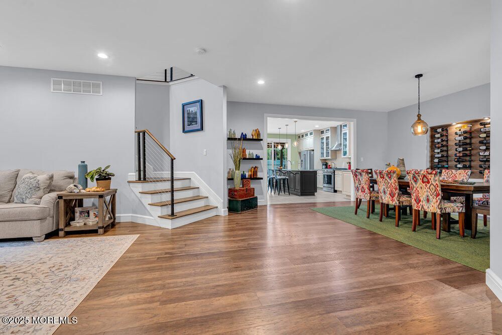 Dining room, Interior, Pendant Lights, Recessed Lighting, Wood Texture Flooring