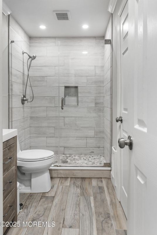 Bathroom, Glass Shower, Interior, Recessed Lighting, Wood Texture Flooring