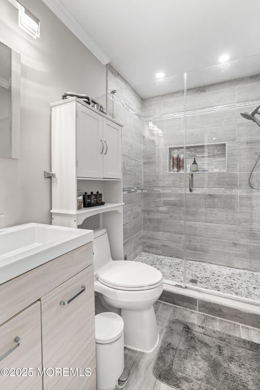 Bathroom, Glass Shower, Interior, Recessed Lighting, Wood Texture Flooring