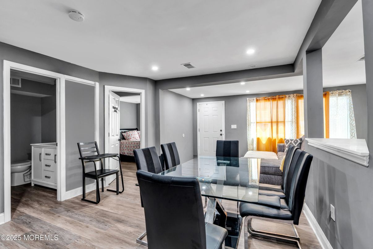 Dining room, Interior, Recessed Lighting, Wood Texture Flooring