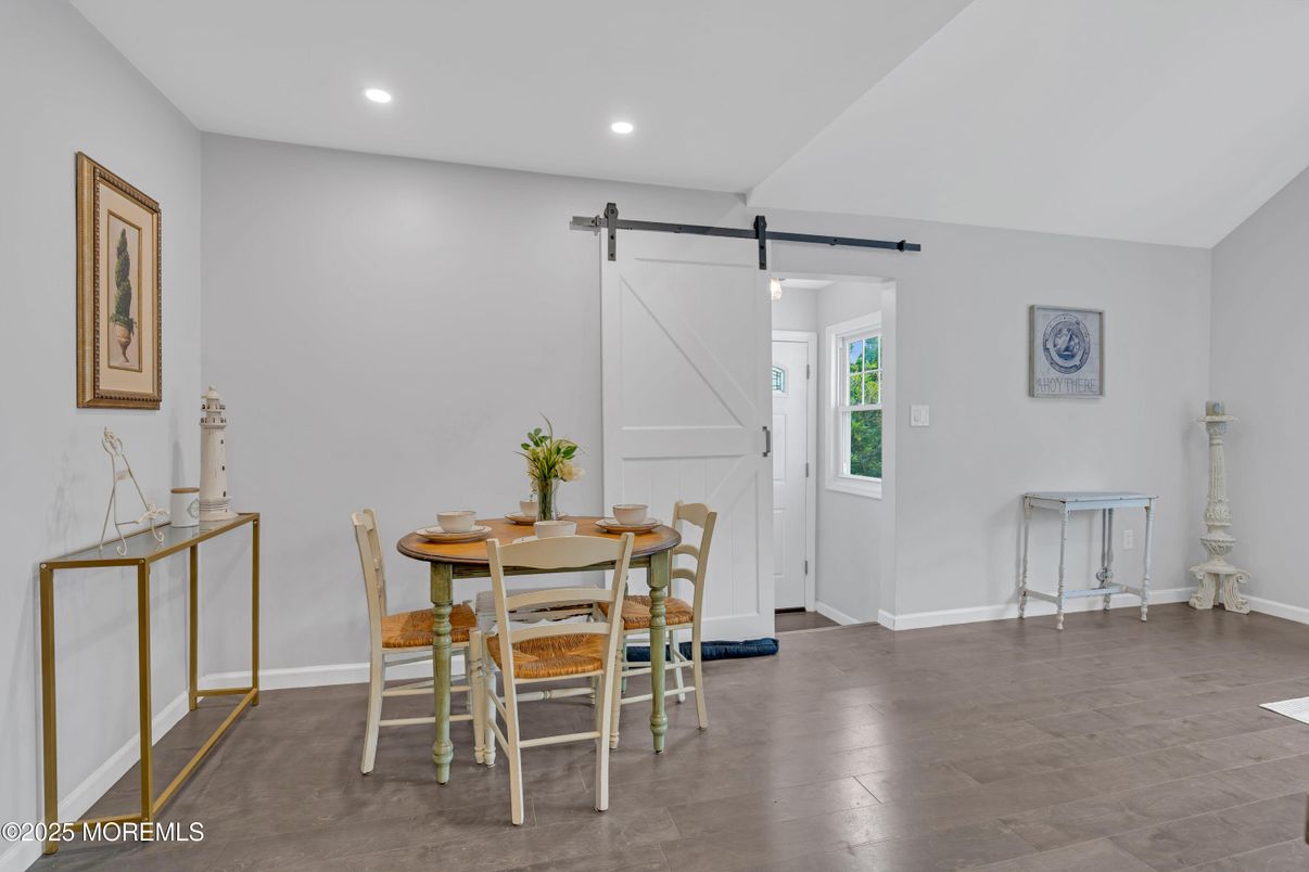 Dining room, Interior, Recessed Lighting, Wood Texture Flooring