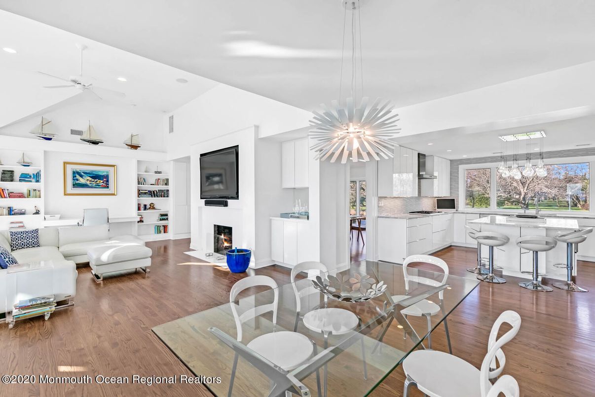 Dining room, Fireplace, Interior, Kitchen, Living room, Pendant Lights, Recessed Lighting, Wood Texture Flooring