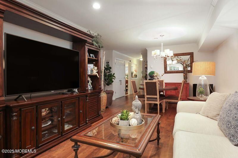 Chandelier, Dining room, Interior, Living room, Recessed Lighting, Wood Texture Flooring